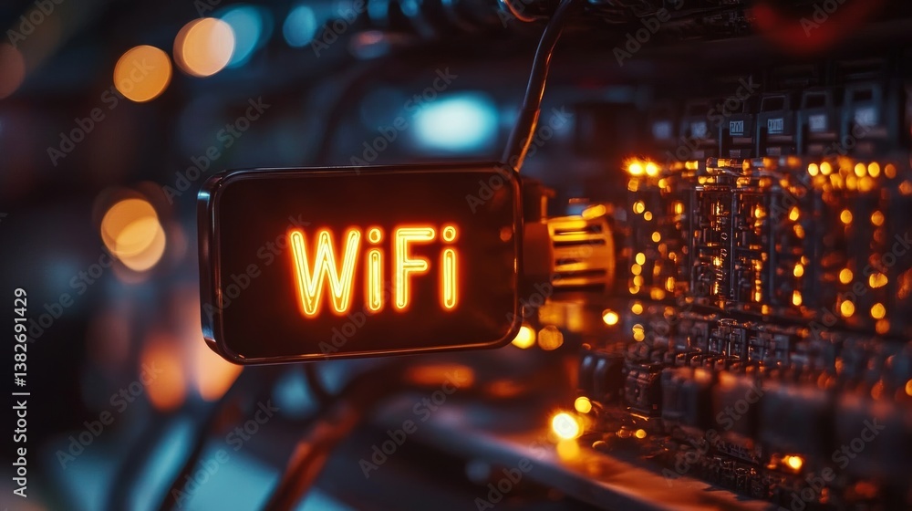 Aufkleber wireless network technology, glowing wifi sign against backdrop of a server in operation