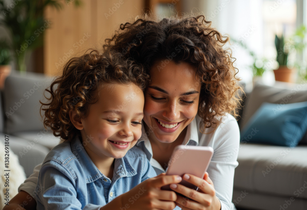 Aufkleber smiling mother and child enjoying time together while using a smartphone