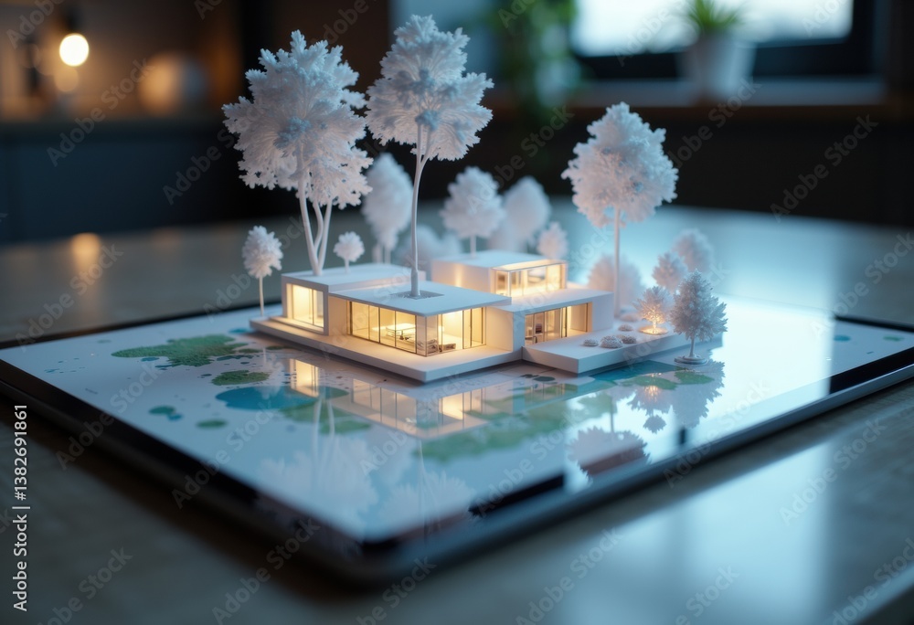 Poster modern architectural model displayed on a tablet with trees and water
