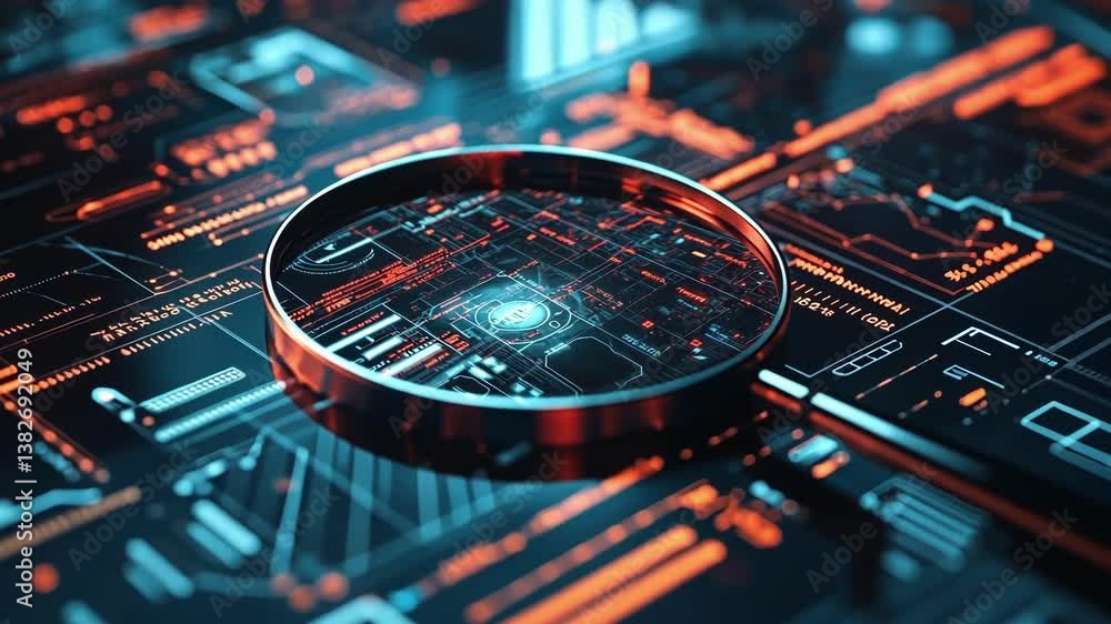 Poster magnifying glass hovering over a futuristic cyber security interface, revealing intricate digital ci