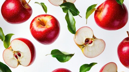 Red apple pattern with leaves and seeds on white background