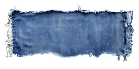 Distressed light blue denim fabric swatch with frayed edges on a trasparent background for texture overlay