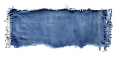 Distressed light blue denim fabric swatch with frayed edges on a trasparent background for texture overlay