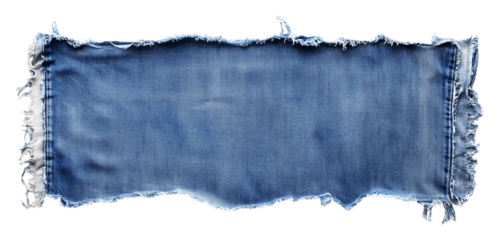 Distressed light blue denim fabric swatch with frayed edges on a trasparent background for texture overlay