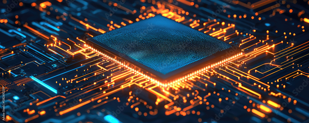 Poster high tech microprocessor on circuit board with glowing blue and orange lights, representing advanced
