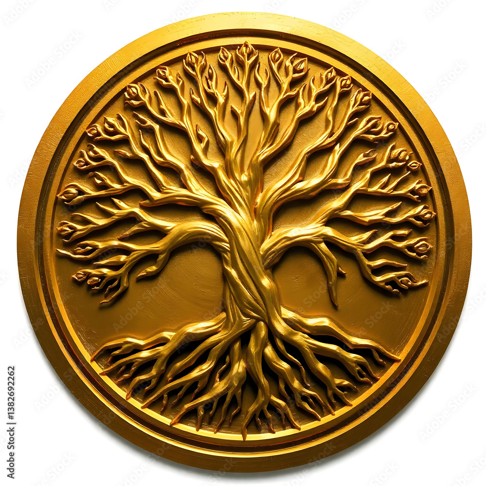 Fototapete a digital illustration of a tree of life symbol, a root within a circle, rendered in layered paper c