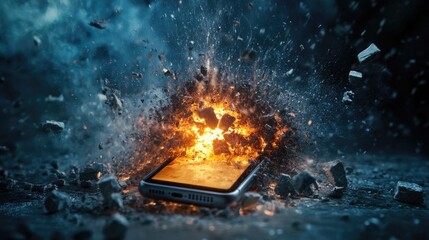 A smartphone bursts into pieces with debris flying in all directions, conveying the dangerous and volatile nature of advanced technology