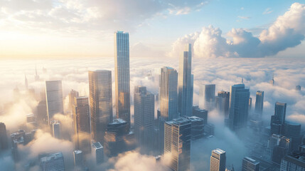 Skyscraper building city view vector illustration. Skyline and cloud background with modern high business office construction in town. Condo real estate big home in metropolis downtown district