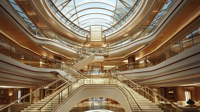 Majestic architectural grandeur: A luxurious atrium showcases intricate staircase design and elegance