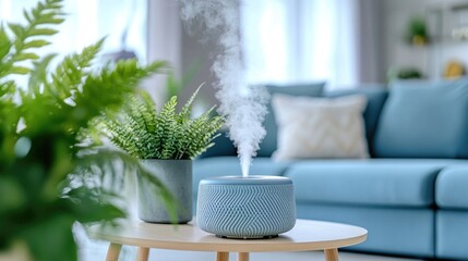 Fototapeta premium A stylish air diffuser releasing soothing steam in a cozy, bright room with a blue couch and greenery, enhancing the tranquil ambiance of the modern interior design