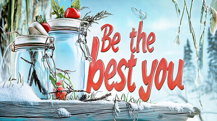 Be the Best you: Motivational quote in red script font on a snowy wooden beam with glass jars, set against a whimsical winter landscape background.