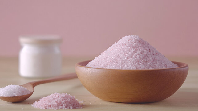 Pink and white salt pile set isolated on transparent background. Vector realistic illustration of potassium chloride crystals in spoon, glass container, bowl, heap, natural mineral for cooking and spa