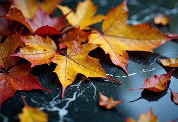 Vibrant autumn leaves in shades of orange and yellow on a dark surface