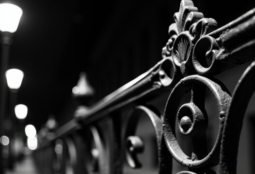 Ornate iron railing illuminated by street lamps at night