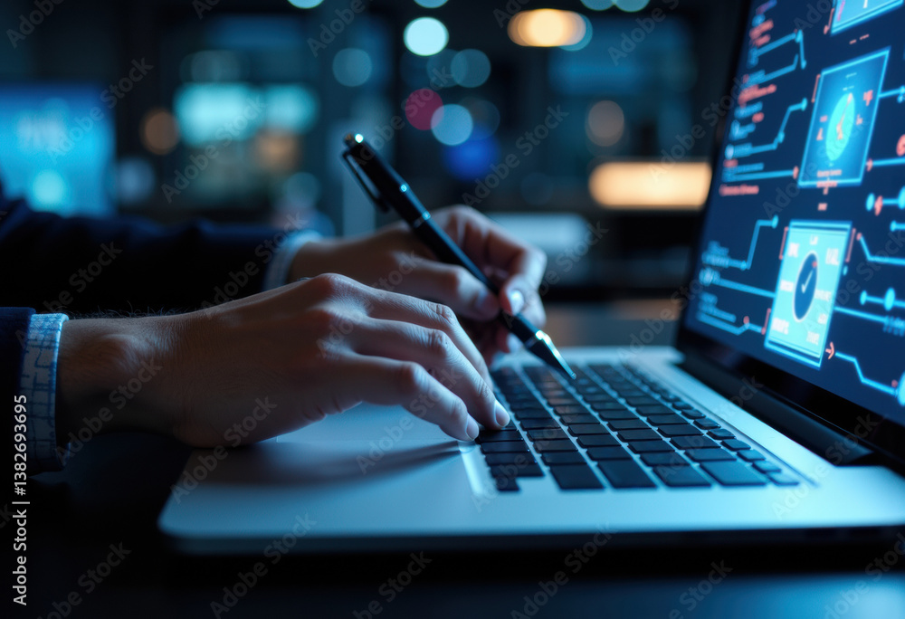 Poster hands typing on a laptop with digital interface in a dark environment