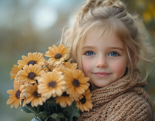Little girl holds a bouquet of flowers. Dreamy and heartwarming atmosphere of innocence and happiness