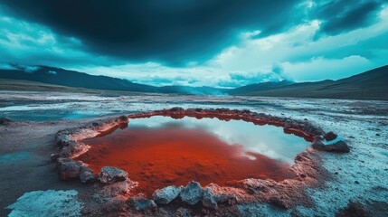 A vibrant red geothermal pool surrounded by rocks in a volcanic landscape, with a dramatic teal sky overhead, symbolizing the raw power and beauty of Earth's hot springs