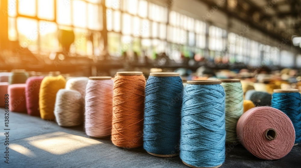 Poster a view of spools of yarn in an industrial textile factory, basking in soft warm sunlight that filter