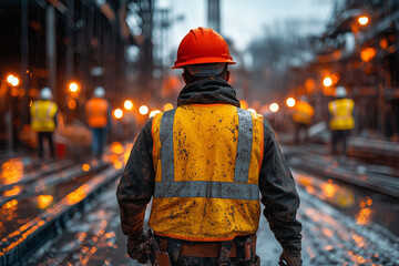 Construction team in high-visibility safety gear working on a site under rainy weather. A strong representation of resilience, teamwork, and industry professionalism
