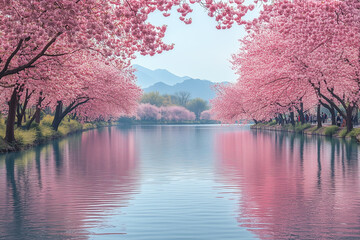 Spring morning by the lake, where cherry blossoms in full bloom create a perfect reflection on the water’s surface