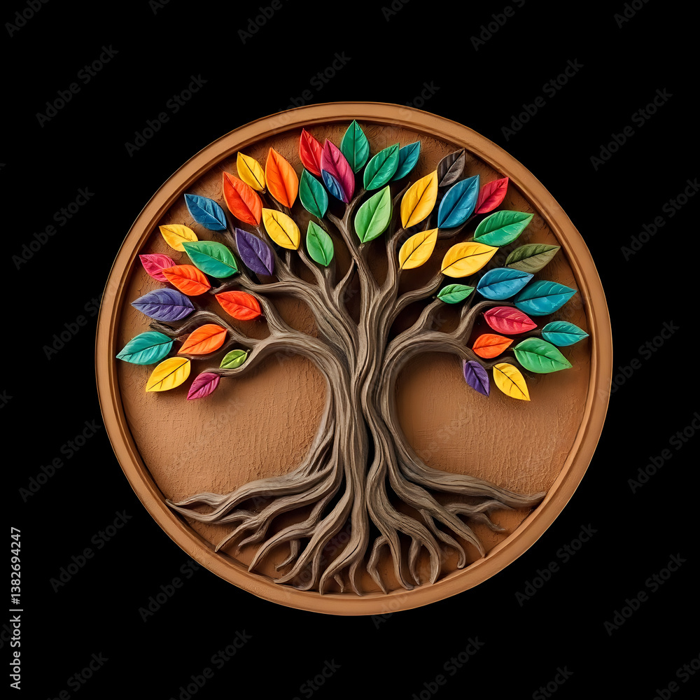 Fototapete a digital illustration of a tree of life symbol, a root within a circle, rendered in layered paper c