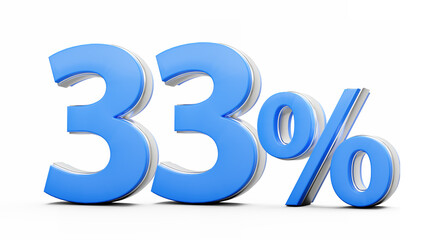 Vibrant Blue 33% Thirty Three Percent Sign With Metallic Gleam On White Background 3D Illustration