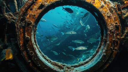 Fototapeta premium An underwater shot through a ship's porthole, showing fish swimming by, symbolizing the eerie beauty of a sunken vessel beneath the sea
