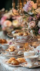 Naklejka premium Table setting with pastries flowers and teacups for a celebratory