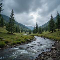 Obraz premium a beautiful forest with a lake and some rain clouds making a cold scene