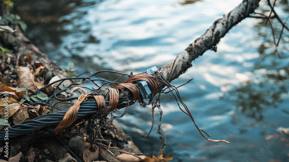 Poster broken electrical cable with exposed copper wires near a riverbank, showcasing the vulnerability of 