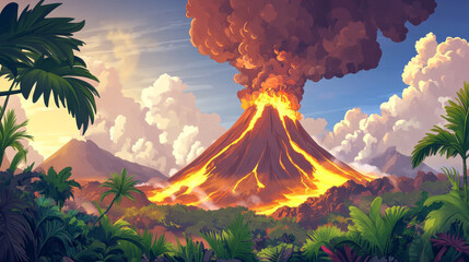 Prehistoric landscape with volcano eruption. Vector cartoon illustration of ancient mountain scenery, lava flowing down slope, cloud of ash rising above volcanic mouth, green tropical plants, blue sky