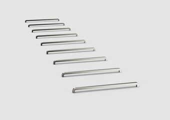 Minimalist metal staple pins arranged in a row, perfect for office or stationery use. 3d illustration