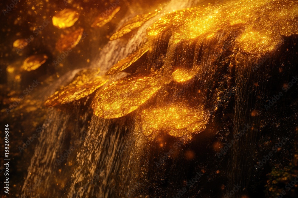 Poster golden waterfall cascading over rocks, shimmering with light and magical particles.