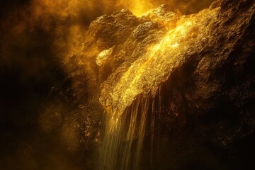 Golden waterfall cascading down a dark, rocky cliffside, illuminated by a warm, ethereal light.
