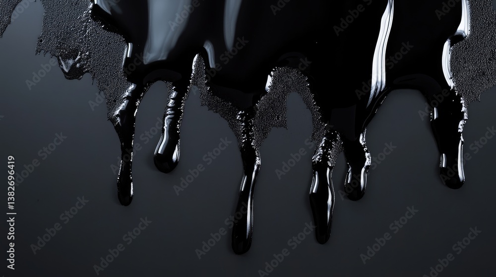 Poster Dripping black liquid forms a reflective, glossy texture against a dark backdrop, offering a surreal and artistic interpretation of liquid reflection and visual art
