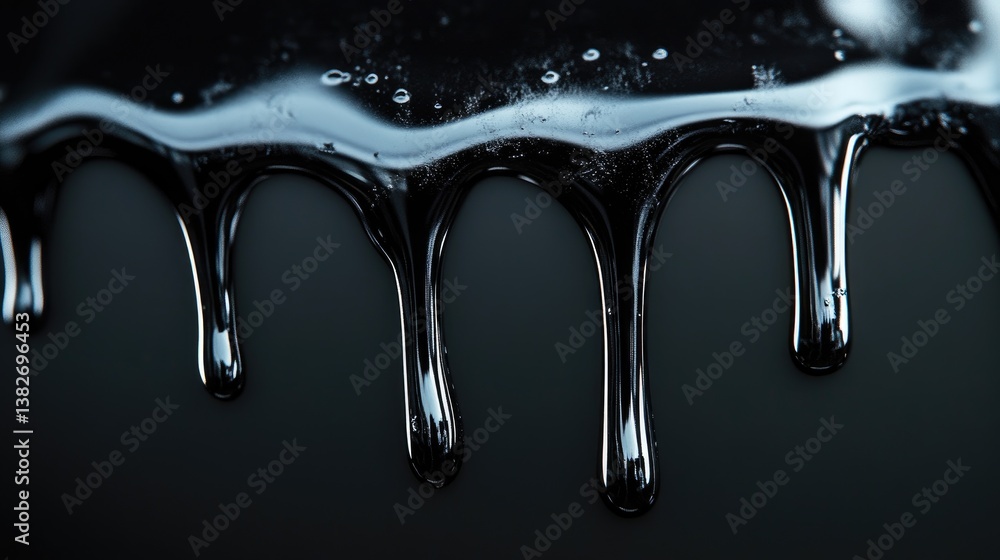 Poster Dripping black liquid forms a reflective, glossy texture against a dark backdrop, offering a surreal and artistic interpretation of liquid reflection and visual art