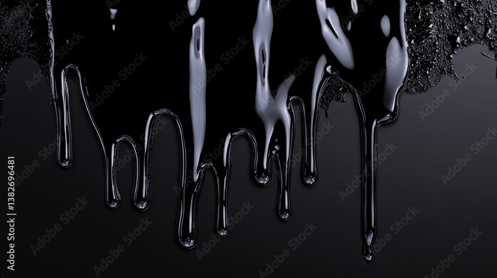 Poster Dripping black liquid forms a reflective, glossy texture against a dark backdrop, offering a surreal and artistic interpretation of liquid reflection and visual art