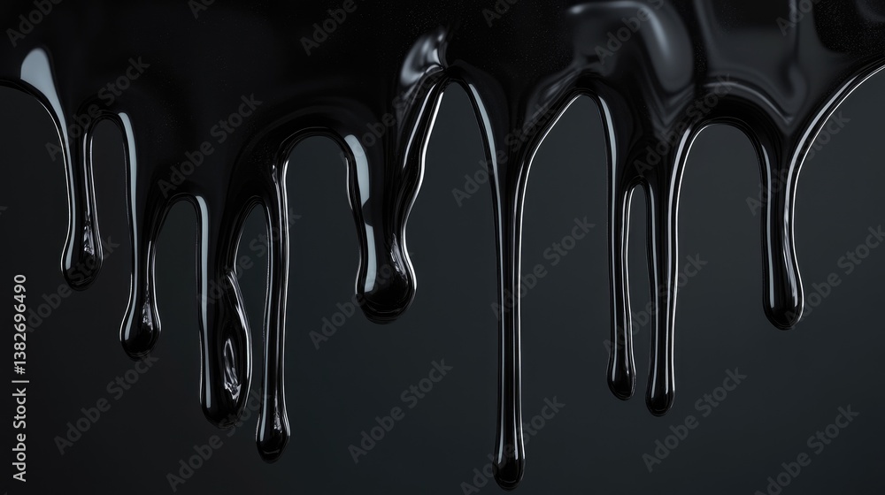 Poster Dripping black liquid forms a reflective, glossy texture against a dark backdrop, offering a surreal and artistic interpretation of liquid reflection and visual art