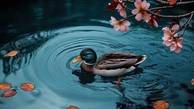 A serene mallard duck glides through tranquil teal-blue water, framed by delicate cherry blossoms and floating autumn leaves, creating soft ripples – AI Generated Digital Art
