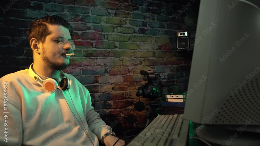 Aufkleber man lighting up cigarette in front of desktop computer from 1990's in basement home office