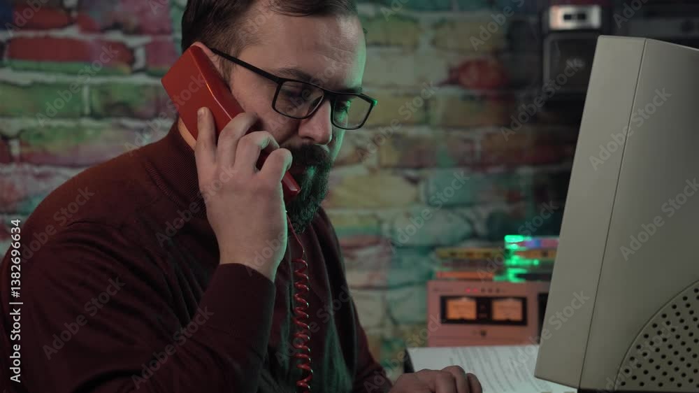 Aufkleber office guy from 1980's having phone call and looking at paper documents in front of desktop computer