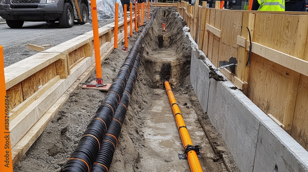 Poster multiple utility cables and conduits neatly placed in a concrete-supported trench with wooden safety