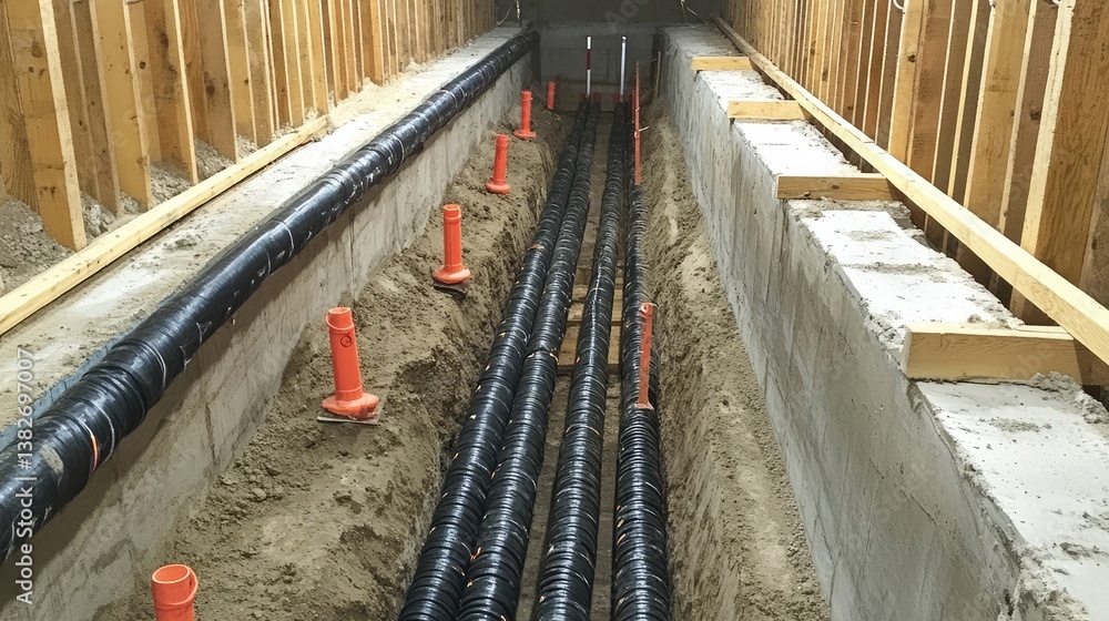 Poster multiple utility cables and conduits neatly placed in a concrete-supported trench with wooden safety