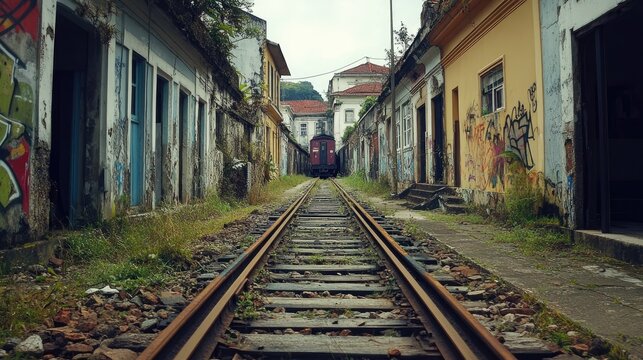 Old railway tracks and a forgotten train in Paranapiacaba historic district, surrounded by charming English-style buildings and an atmosphere of abandonment