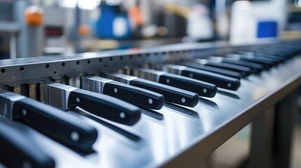 Obraz premium Sharp kitchen knives with sleek black handles moving along a conveyor belt in a factory, highlighting the precision and craftsmanship in the manufacturing process