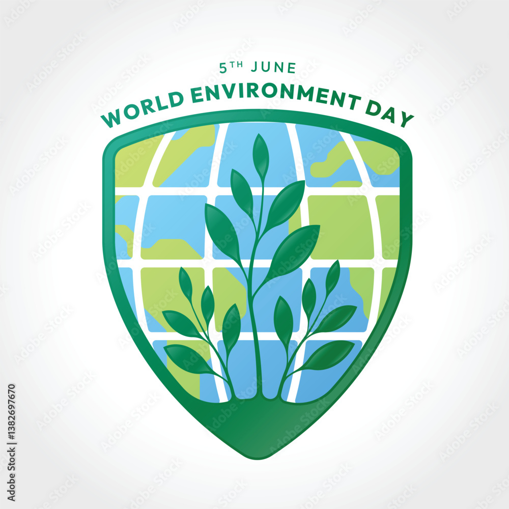 Poster world environment day - plant leave tree on globe world map texture in shield frame shape vector des