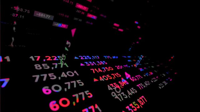 Colorful Number Changing Animation on Black Background Stock Market Style