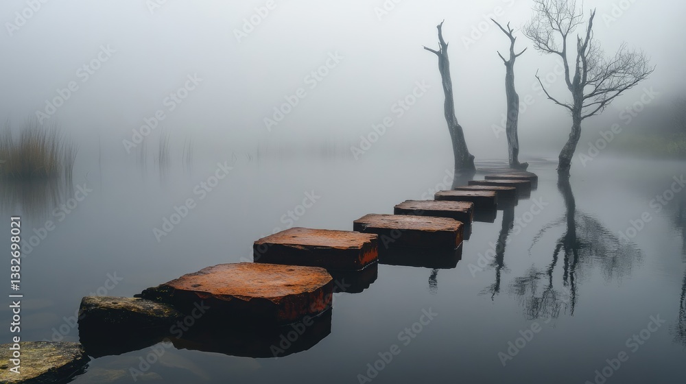 Poster still waters reflect the rusted stepping stones in a foggy landscape, with skeletal trees adding to 