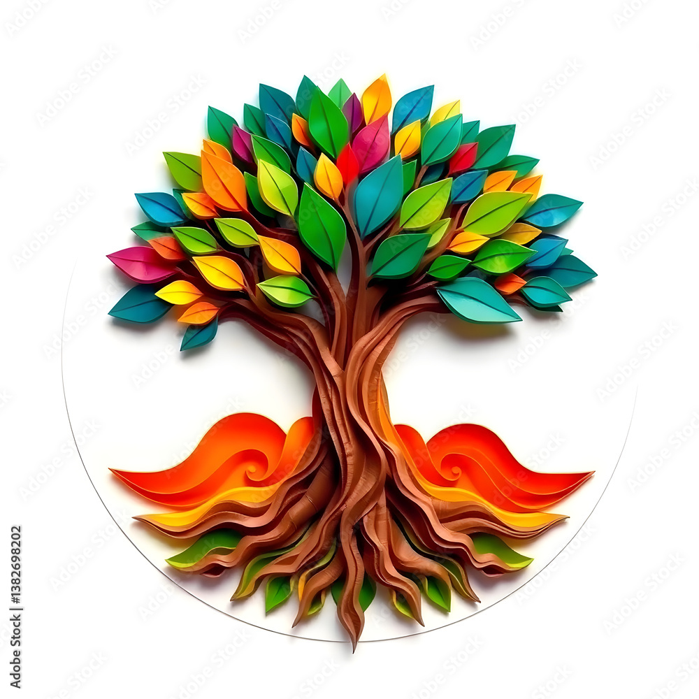 Fototapete a digital illustration of a tree of life symbol, a root within a circle, rendered in layered paper c