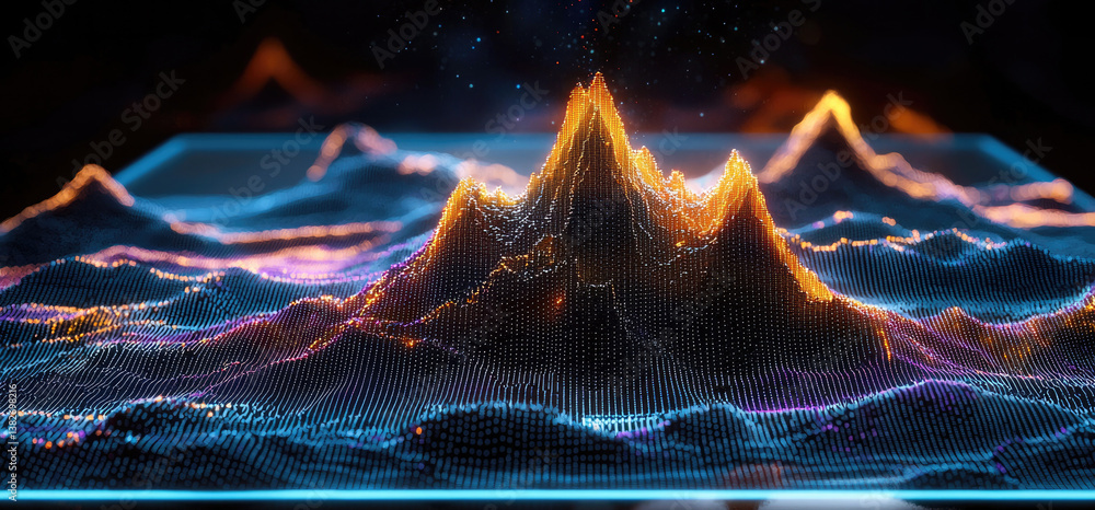 Poster stunning holographic terrain visualization showcases vibrant peaks and valleys, illuminated with glo